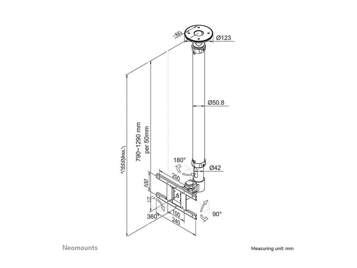 NEOMOUNTS FPMA-C100SILVER Support de plafond pour écran de 10-30p - h 79-129 cm