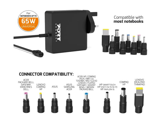 PORT DESIGNS Universal Power Adapter For Notebooks Up To 65W UK Plug 9 Universal Detachable Tips
