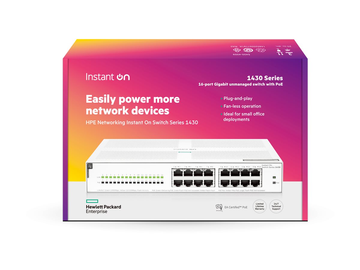 HPE Networking Instant On 1430 16G Class4 PoE 124W Switch Commutateur non géré 16 x 10/100/1000 PoE Class 4 de bureau