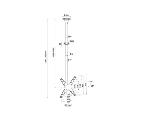 NEOMOUNTS FPMA-C340BLACK Support de plafond pour écran de 32-75p - h 106-156 cm