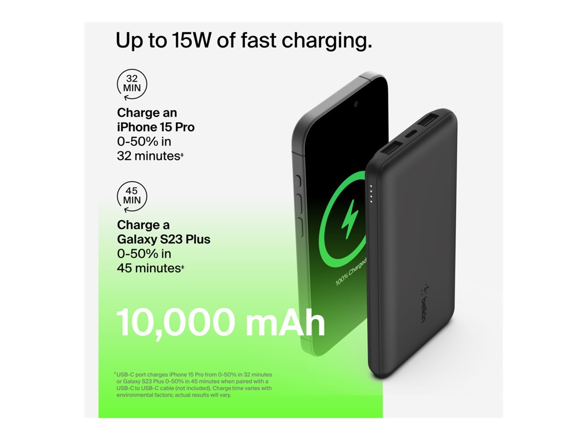 BELKIN Batterie externe 3 ports 10K avec câble USB-A vers USB-C noir