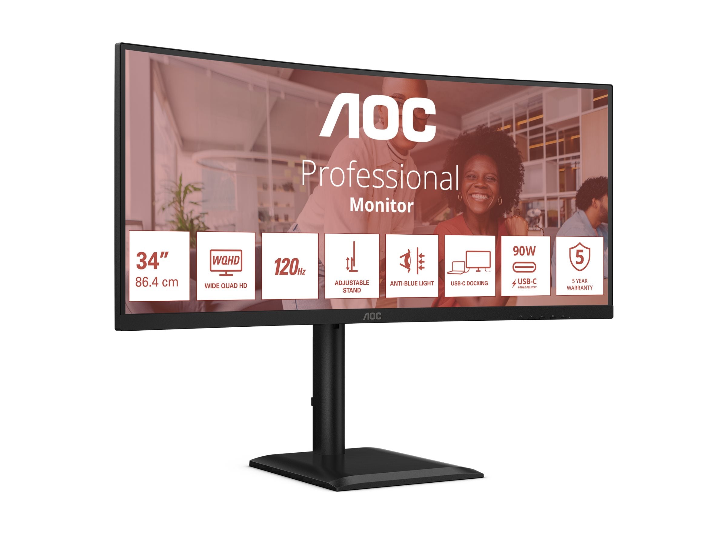 AOC CU34E4CV - Écran incurvé - 34i - 3440 x 1440 UWQHD 120 Hz - VA - 3500:1 - HDR10 - 4 ms - 2xHDMI DP USB-C -HP- GAR 5 ans