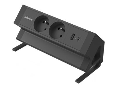 FELLOWES PRISE POUR BUREAU ÉLECTRIQUE TYPE E - NOIR Équipé de 2 x prise de courant 230v 1 x port USB-A 18w max et 1 x port USB-C