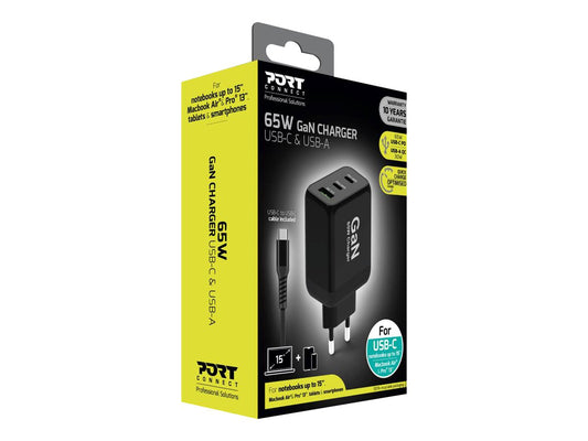 PORT DESIGNS 65W Gan Charger USB-C & USB-A Gallium Nitride Gan Technology More Efficient Smaller Lighter And Less Energy Consuming