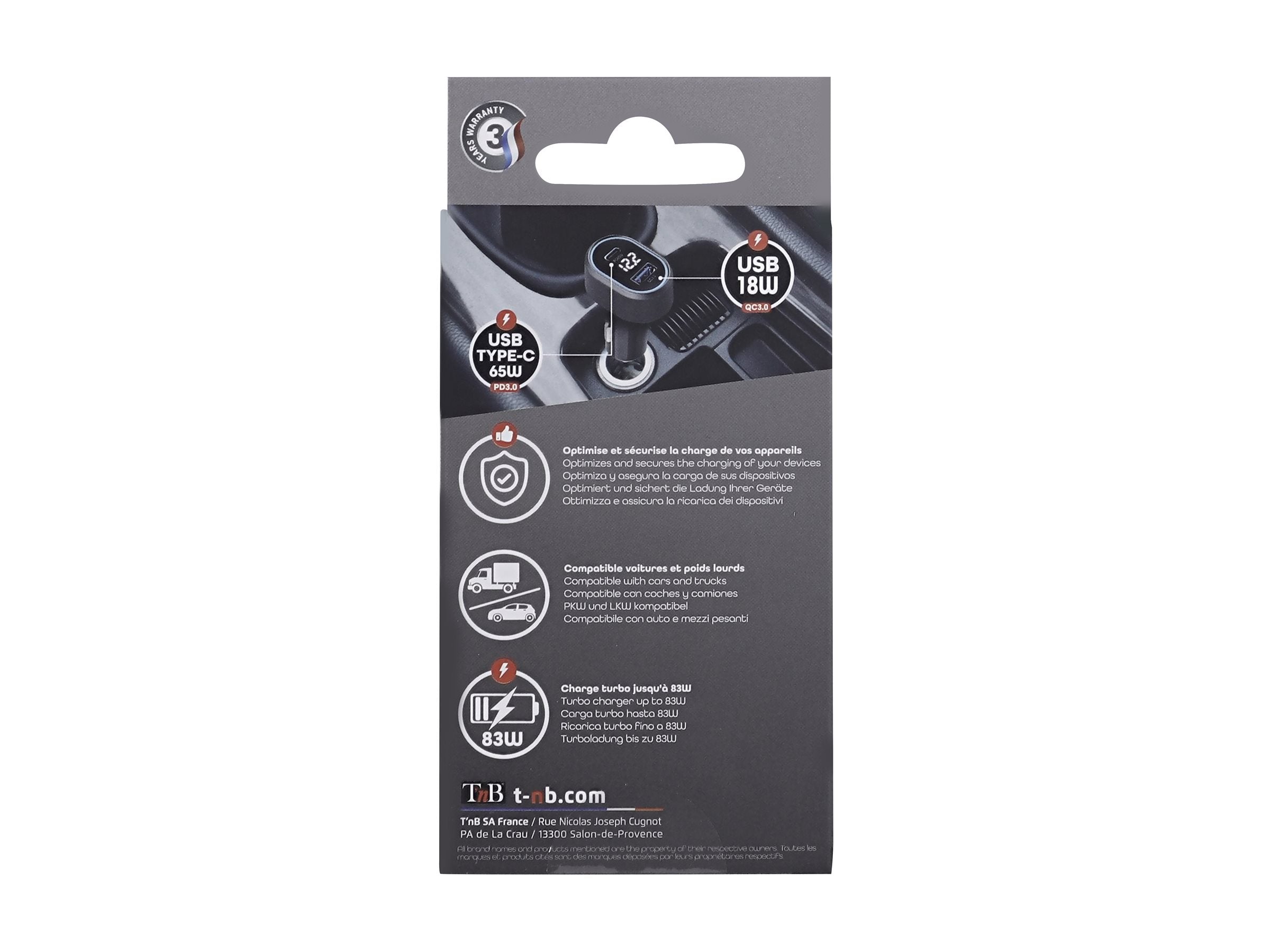 TNB 1x USB and 1x USB-C QC and PD 83W cigarette lighter charger