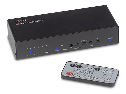 LINDY 4x2 HDMI 2.0 4K 18G Matrix Switch with Audio Extractor Optical Out or 3.5mm Jack 4K 3840x2160at60Hz 8bit