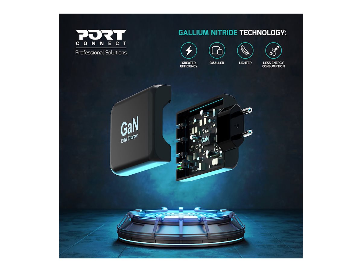 PORT DESIGNS 130W GaN charger USB-C and USB-A Gallium Nitride GaN technology more efficient smaller lighter