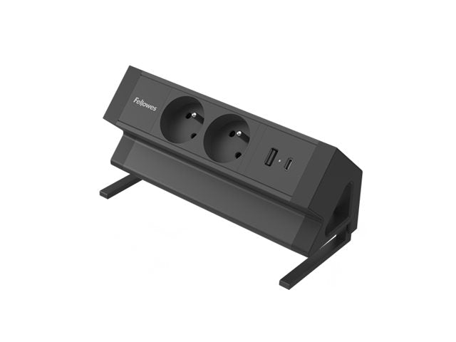 FELLOWES PRISE POUR BUREAU ÉLECTRIQUE TYPE E - NOIR Équipé de 2 x prise de courant 230v 1 x port USB-A 18w max et 1 x port USB-C
