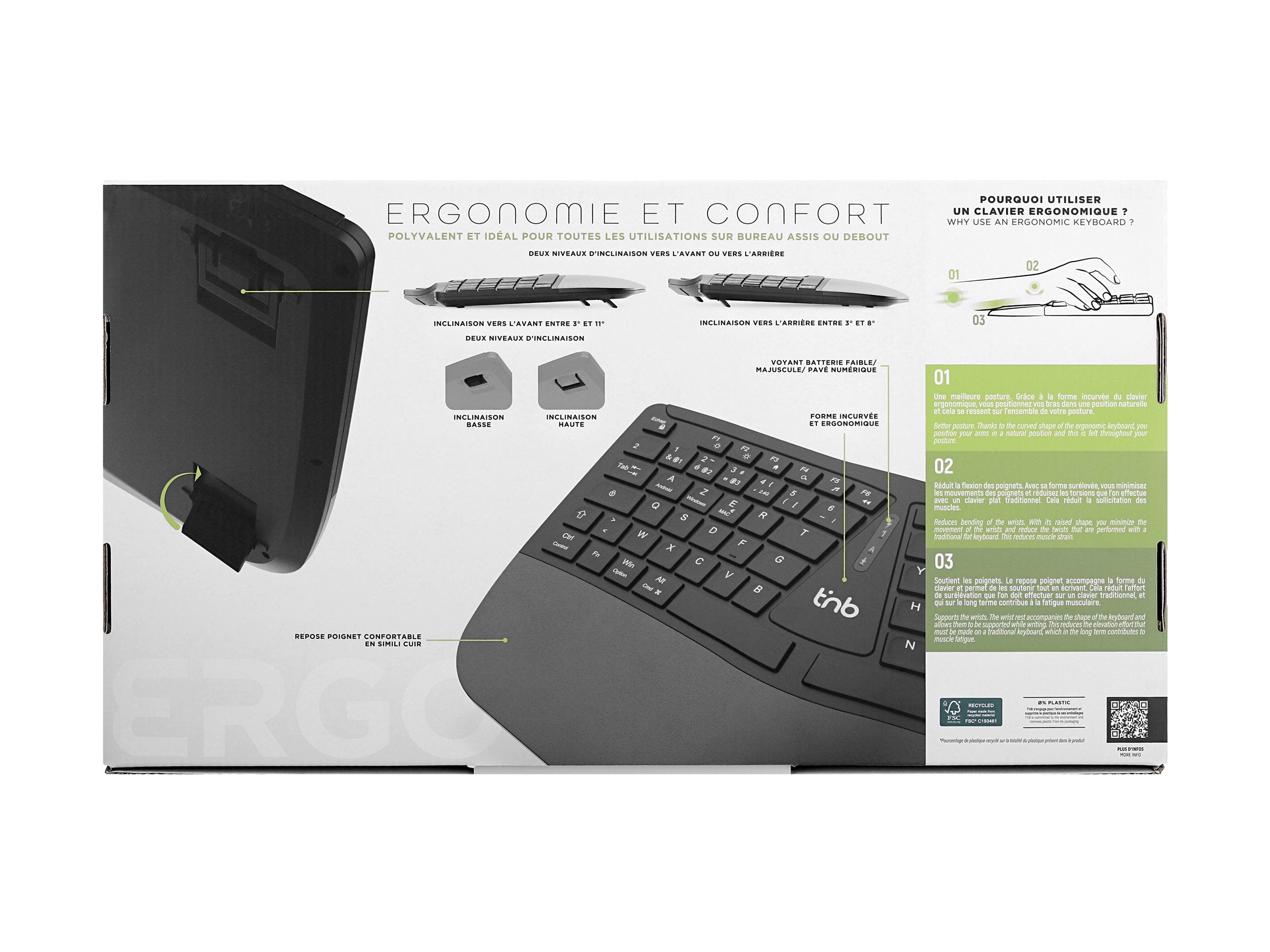 TNB ERGO - Clavier ergonomique sans fil rechargeable Bluetooth + 2.4GHz (FR)