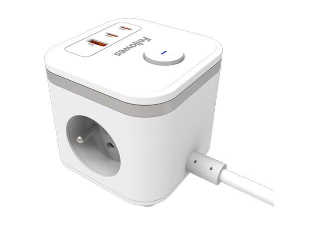 FELLOWES POWER CUBE TYPE E - BLANC MULTI PRISE Équipé de 3 x prises de courant 230v 1 x port USB-A 18W max et 2 x ports USB-C 20W
