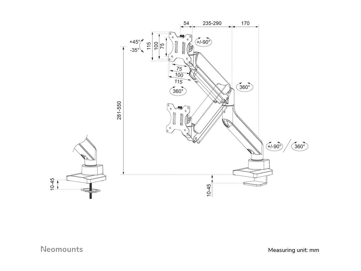 NEOMOUNTS DS70-450BL1 Support décran à fixer 17-42p - ressort à gaz - Topfix - arrêt 180