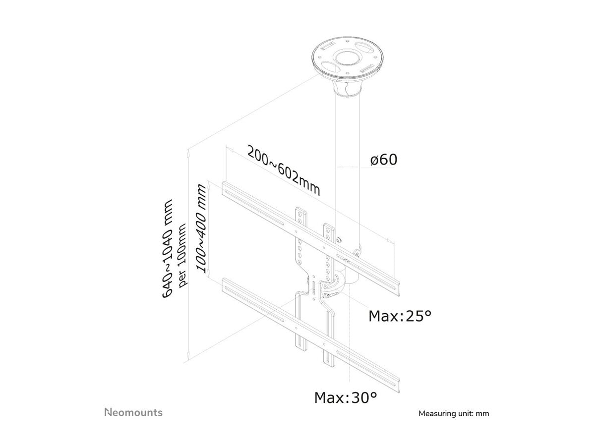 NEOMOUNTS FPMA-C400SILVER Support de plafond pour écran de 32-60p - h 64-104 cm