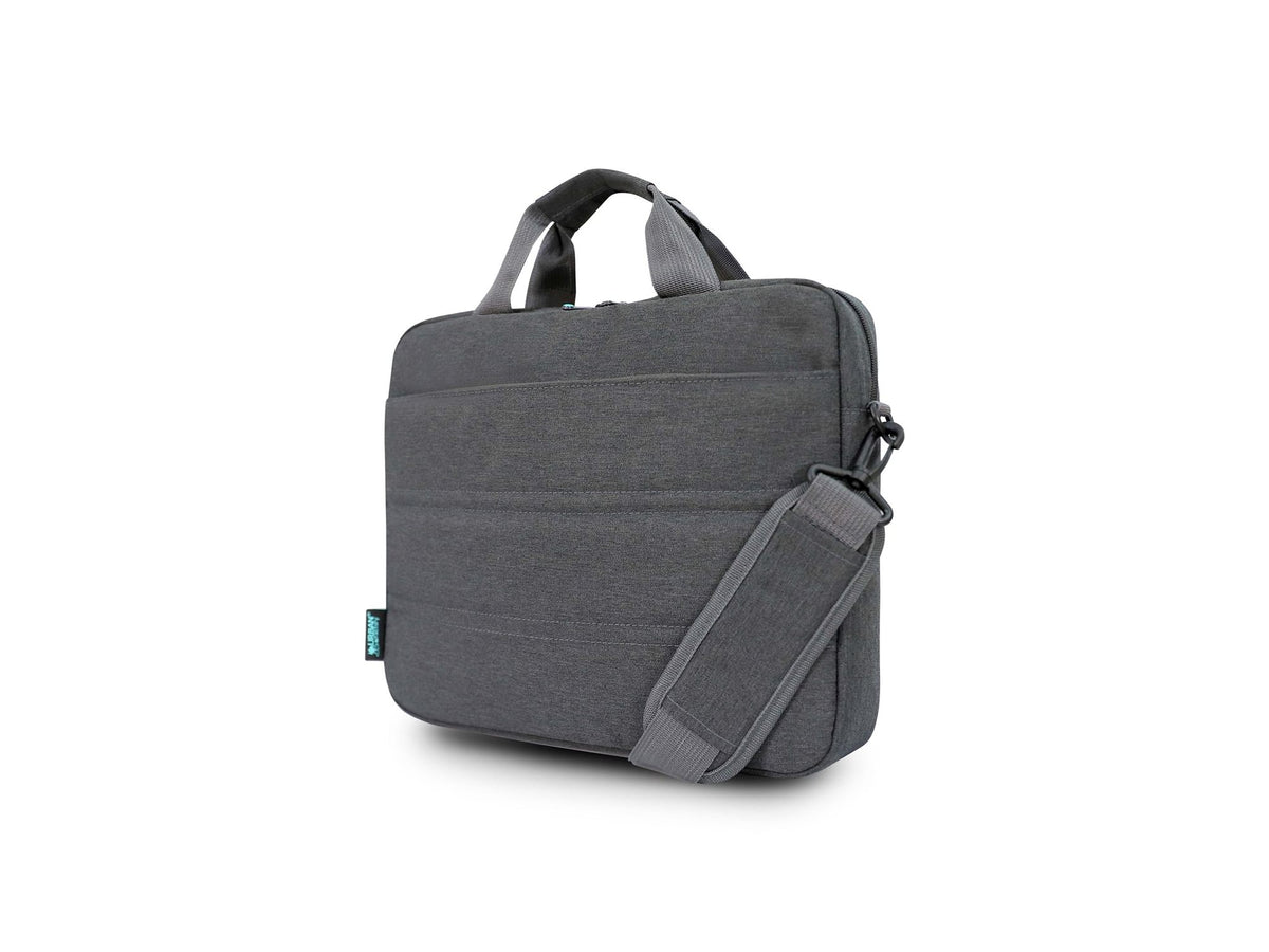URBAN FACTORY Toploading bag made of recycled Nylon r-PET Reinforced notebook compartment Flat front pocket with zip Back patch