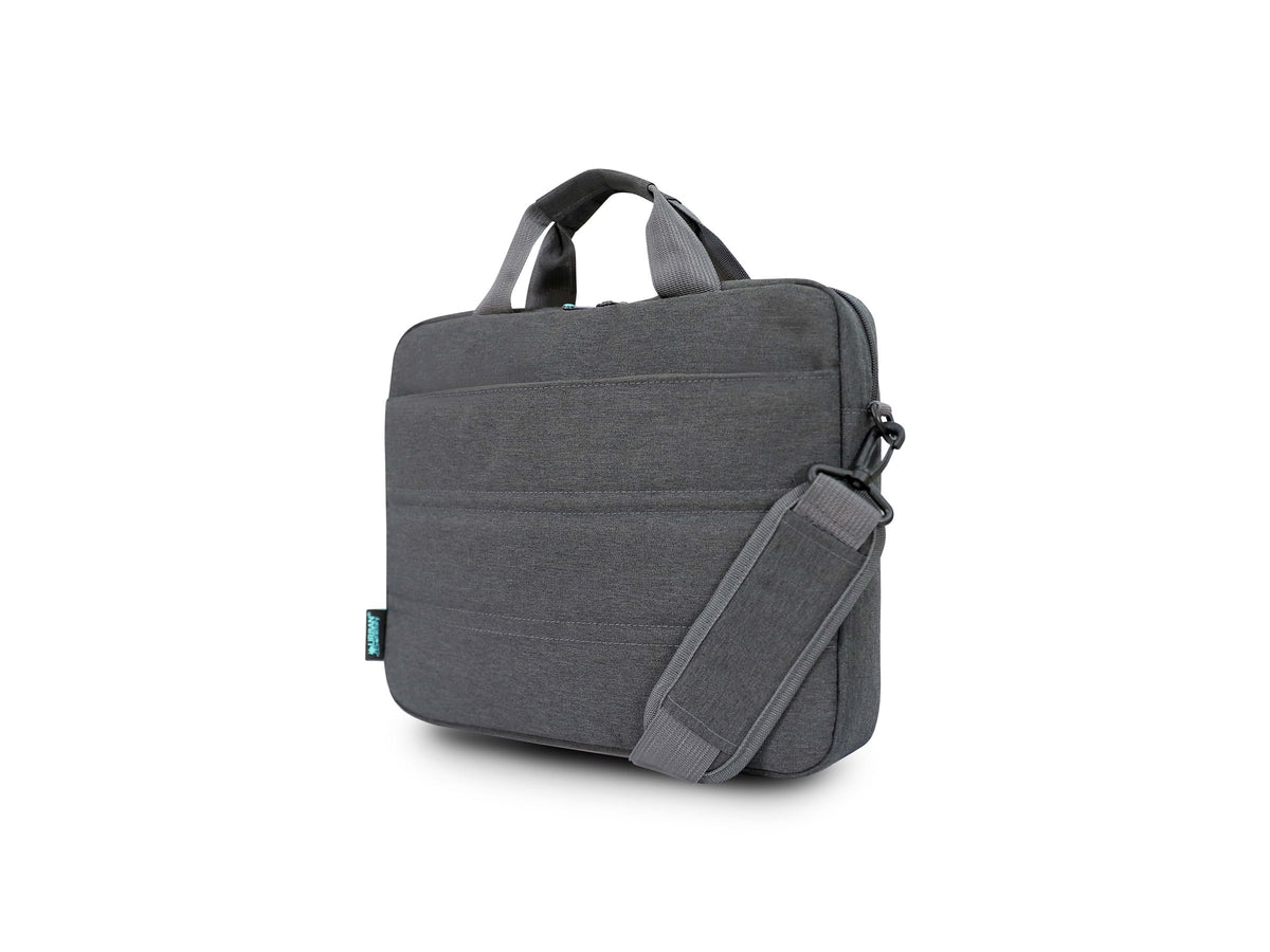 URBAN FACTORY Toploading bag made of recycled Nylon r-PET Reinforced notebook compartment Flat front pocket with zip Back patch