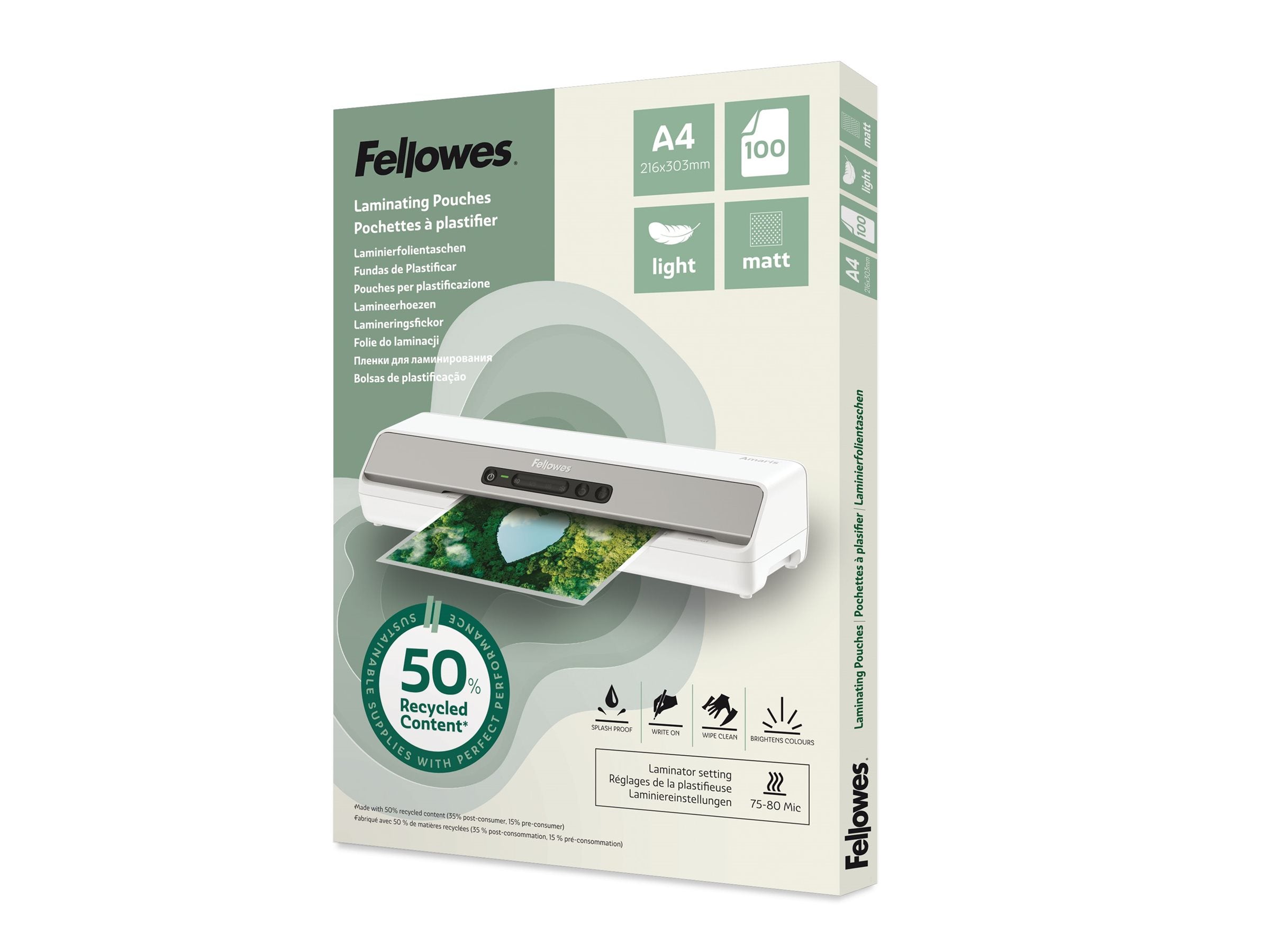 FELLOWES Pochettes de plastification A4 avec 50 pourcentage de contenu recyclé - usage léger mate lot de 100