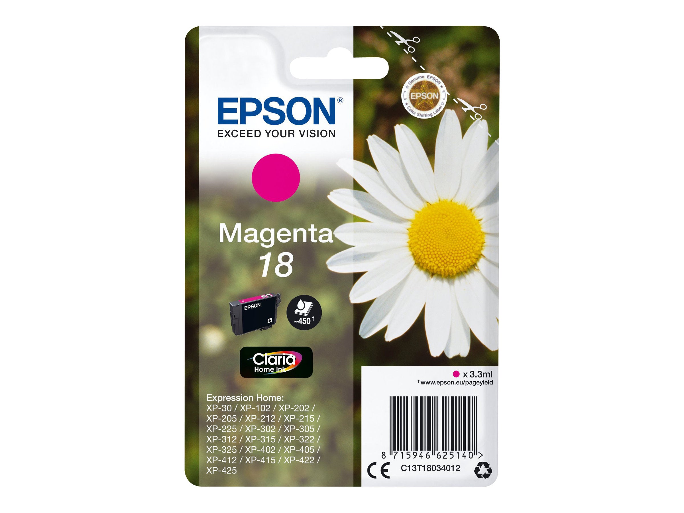 EPSON 1LB 18 ink cartridge magenta standard capacity 3.3ml 180 pages 1-pack RF-AM blister w/s