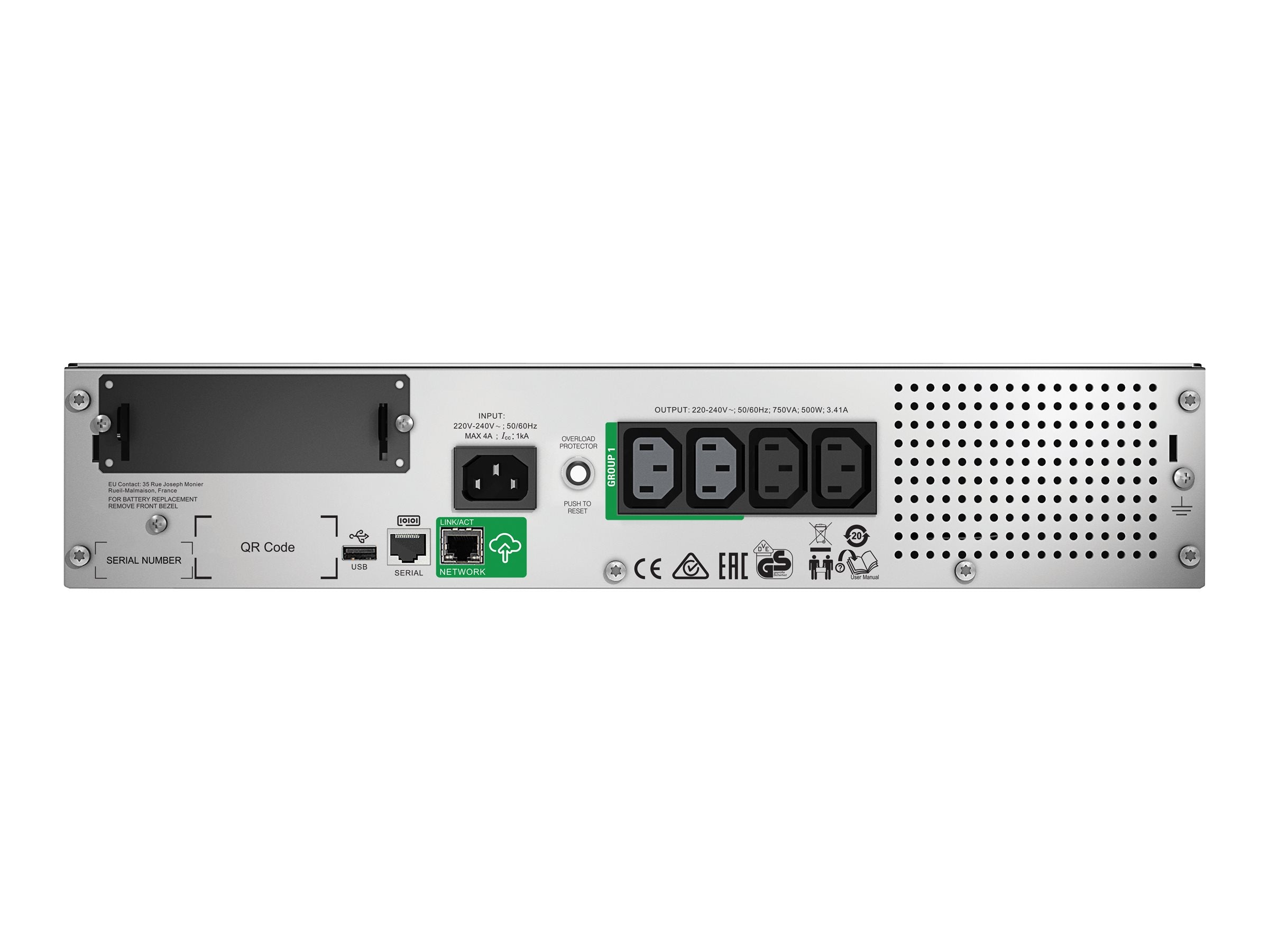 APC Smart-UPS 750VA LCD RM UPS rack-mountable AC 230V 500Watt 750VA Ethernet RS-232 USB output connectors 6 2U Black