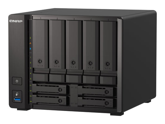 QNAP TS-H973AX-8G 9-bay NAS AMD Ryzen V1500B 8Go DDR4 SODIMM 5x2.5/3.5p SATA 6Gbps + 2x2.5in U.2 NVMe PCIe Gen3 x4