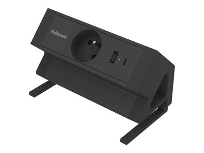 FELLOWES PRISE POUR BUREAU ÉLECTRIQUE TYPE E - NOIR Équipé de 1 x prise de courant 230v 1 x port USB-A 18w max et 1 x port USB-C