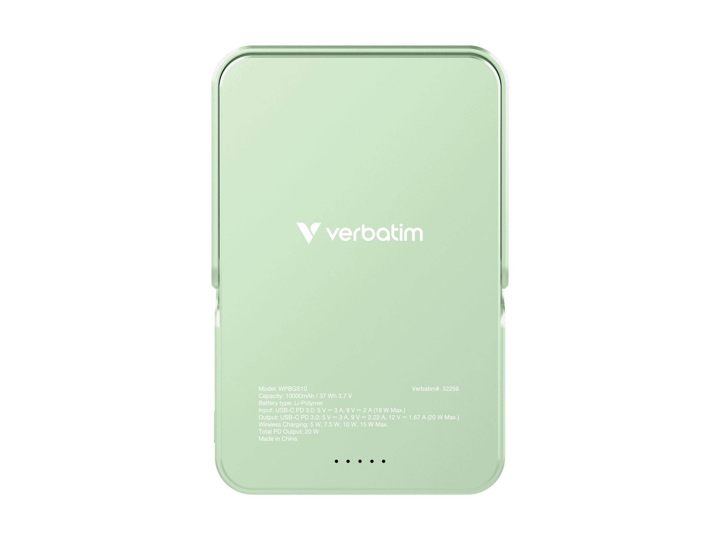 VERBATIM CHARGE N GO POWER BANK WITH STAND MAGNETIC WIRELESS 10000MAH - GREEN WCF (P)