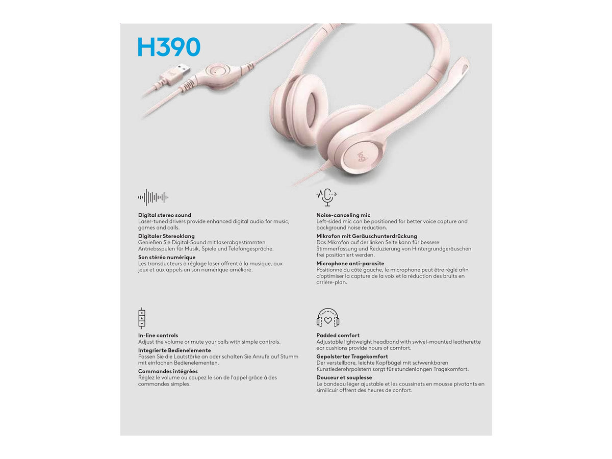 LOGITECH H390 Headset on-ear wired USB-A rose