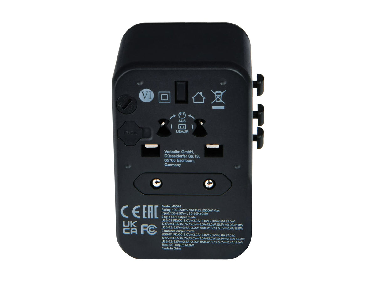 VERBATIM UNIVERSAL TRAVEL ADAPTER UTA-04 PD61W / QC / 3XUSB / 2XTYPE-C WCF (P)