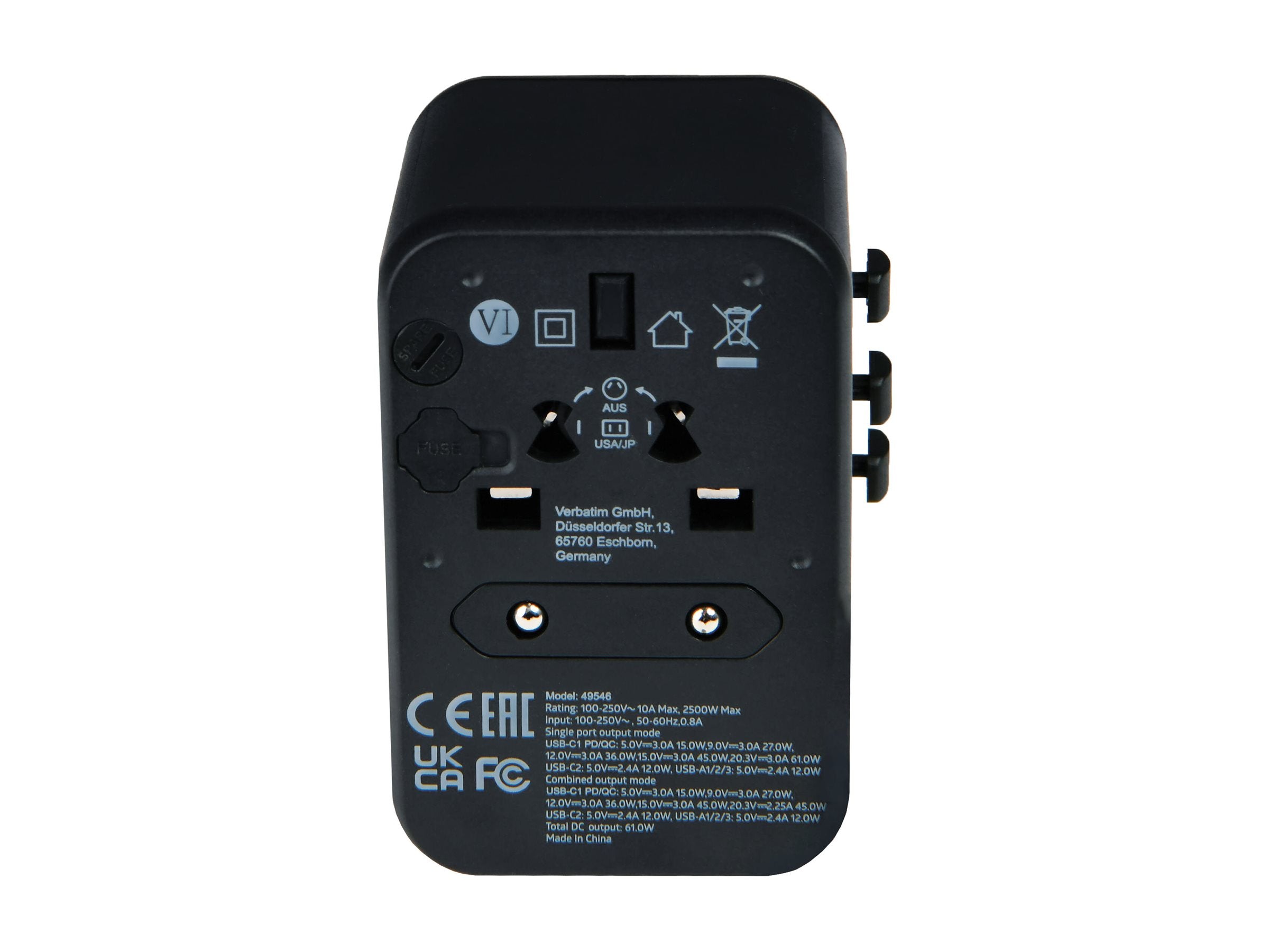 VERBATIM UNIVERSAL TRAVEL ADAPTER UTA-04 PD61W / QC / 3XUSB / 2XTYPE-C WCF (P)
