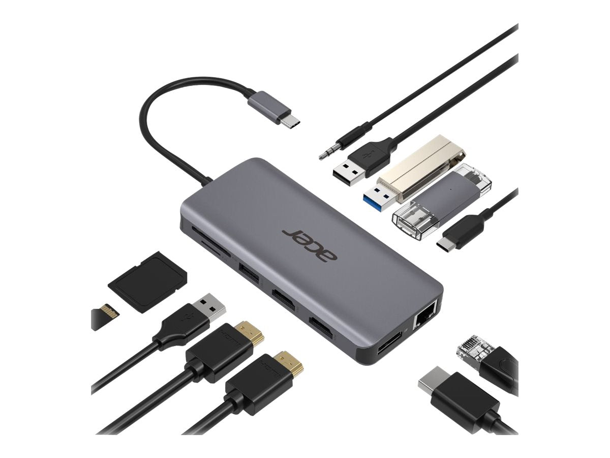 ACER 12-IN-1 TYPE-C DONGLE 2xUSB3.2 2xUSB2.0 2xHDMI DisplayPort Type C PowerDelivery SD Card reader TF Card reader 1000M Ethernet