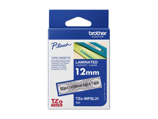BROTHER Ruban laminé Noir sur Motifs Dentelle Argent 12mm (4m)