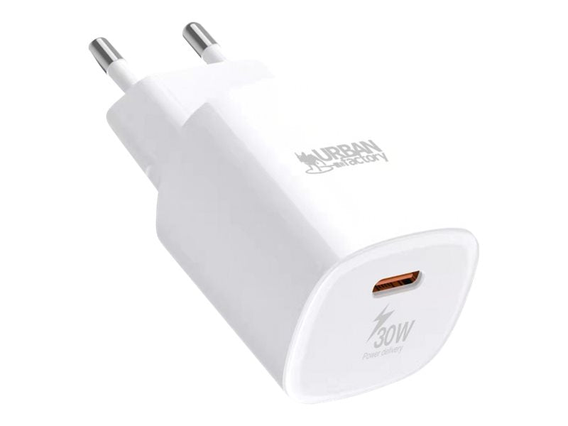 URBAN FACTORY CYCLEE ECO Chargeur USB-C 30W GaN en plastique recyclÃ© R-PC Version EU Blanc