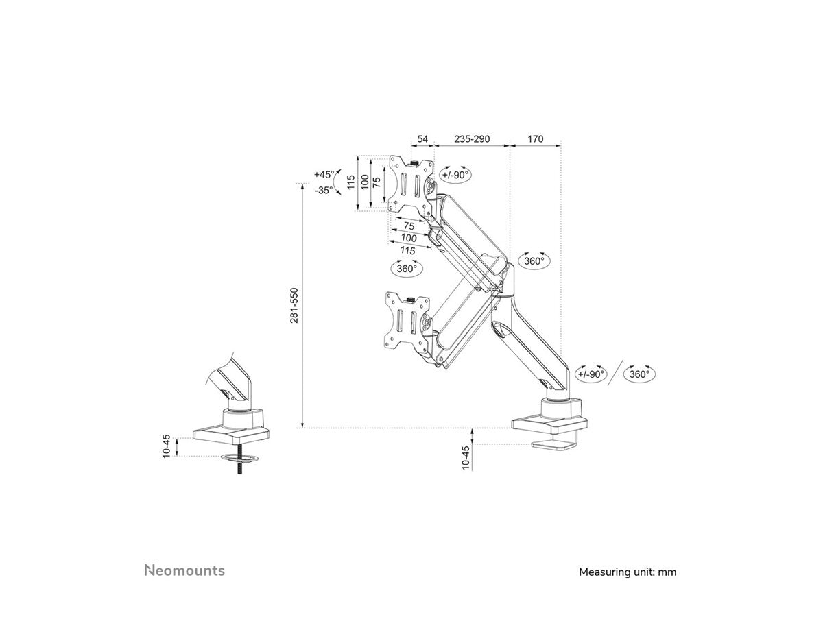 NEOMOUNTS DS70-450BL1 Support décran à fixer 17-42p - ressort à gaz - Topfix - arrêt 180