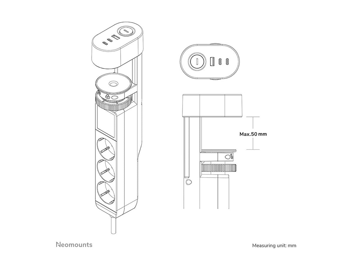 NEOMOUNTS VOLT Desk Clamp socket with Quick-charge USB Ports clamp 0-50mm 3x type-F 230V 1x USB-A 18W 2x USB-C 20W