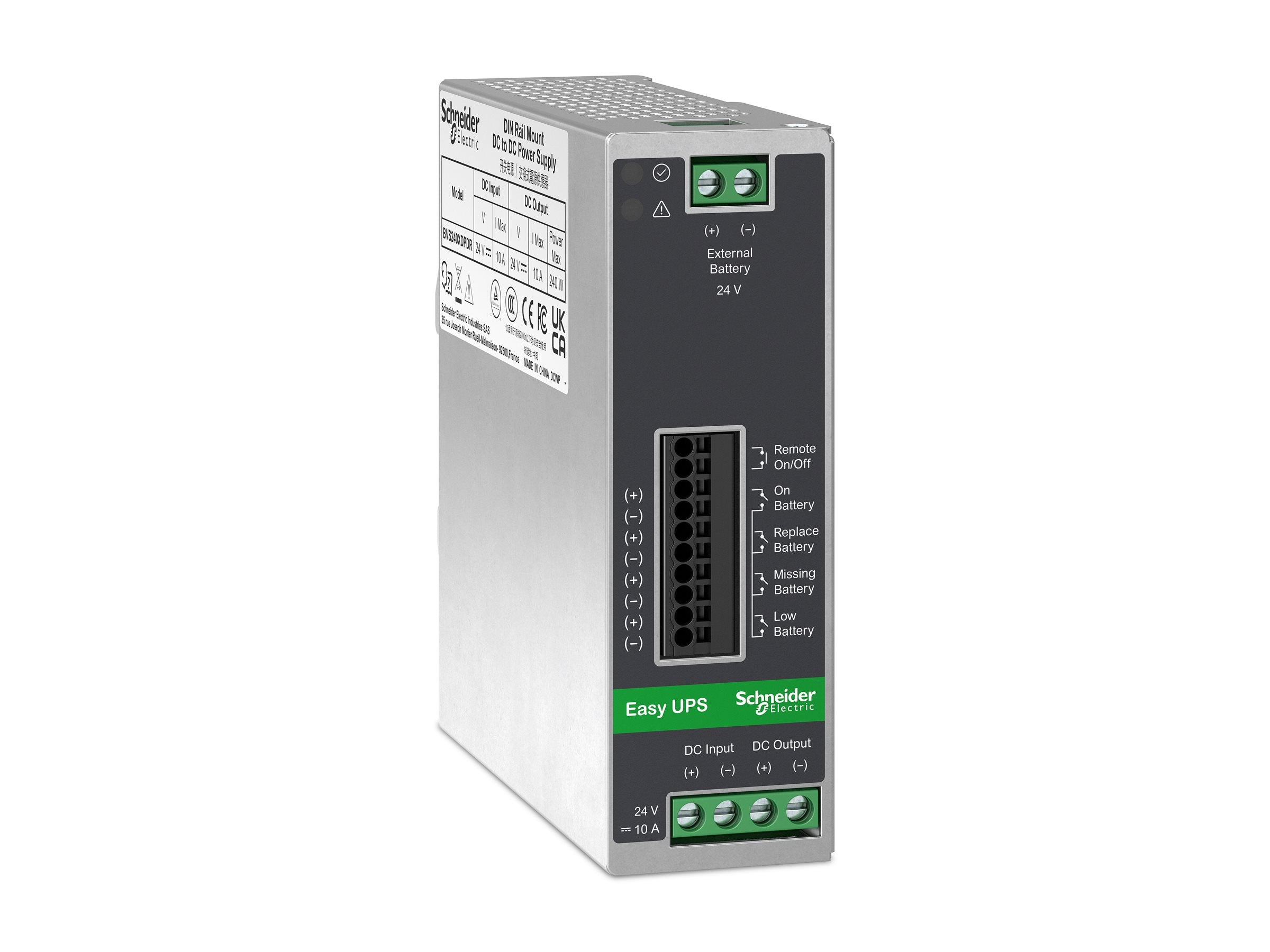 APC Easy UPS UPS DIN rail mountable 10A DC 24V 240Watt no battery output connectors 1metal gray
