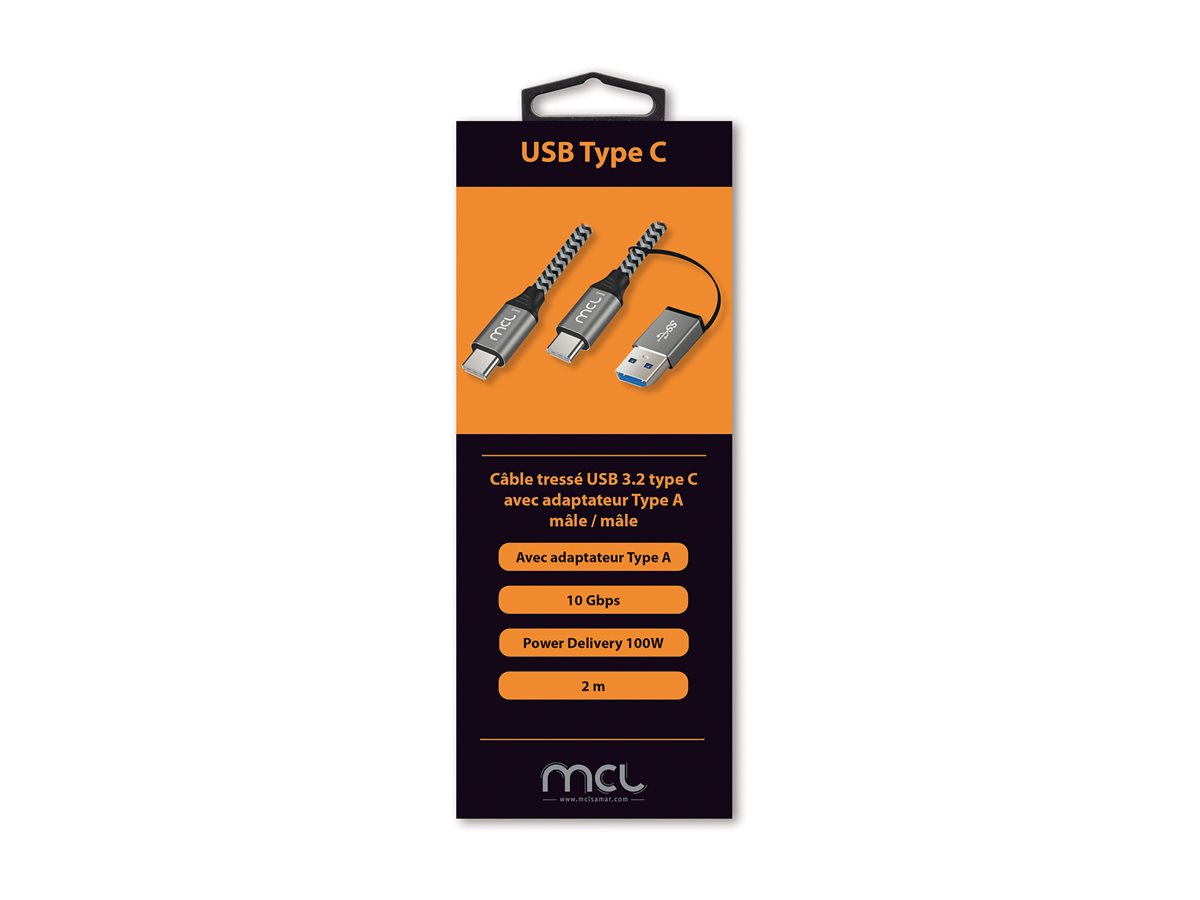 MCL USB 3.2 Type C mesh cable 10G 100W 5A + USB 3.0 adapter male - 2m
