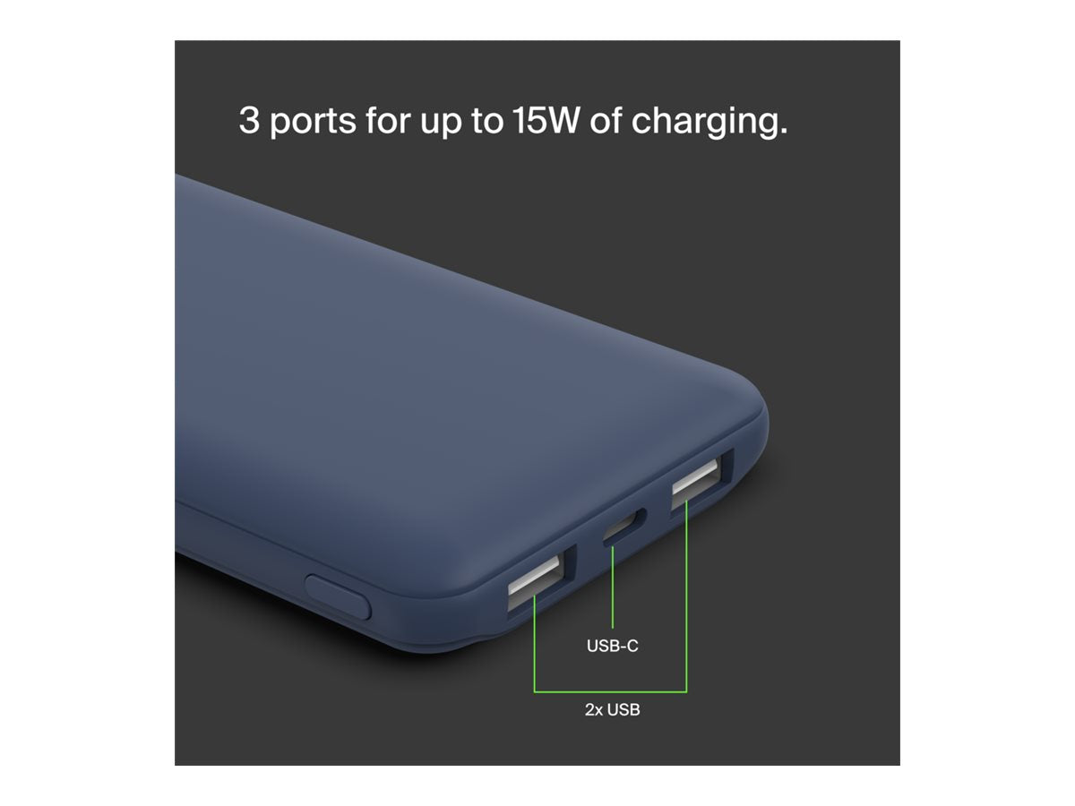 BELKIN Batterie externe 3 ports 10K avec câble USB-A vers USB-C bleu