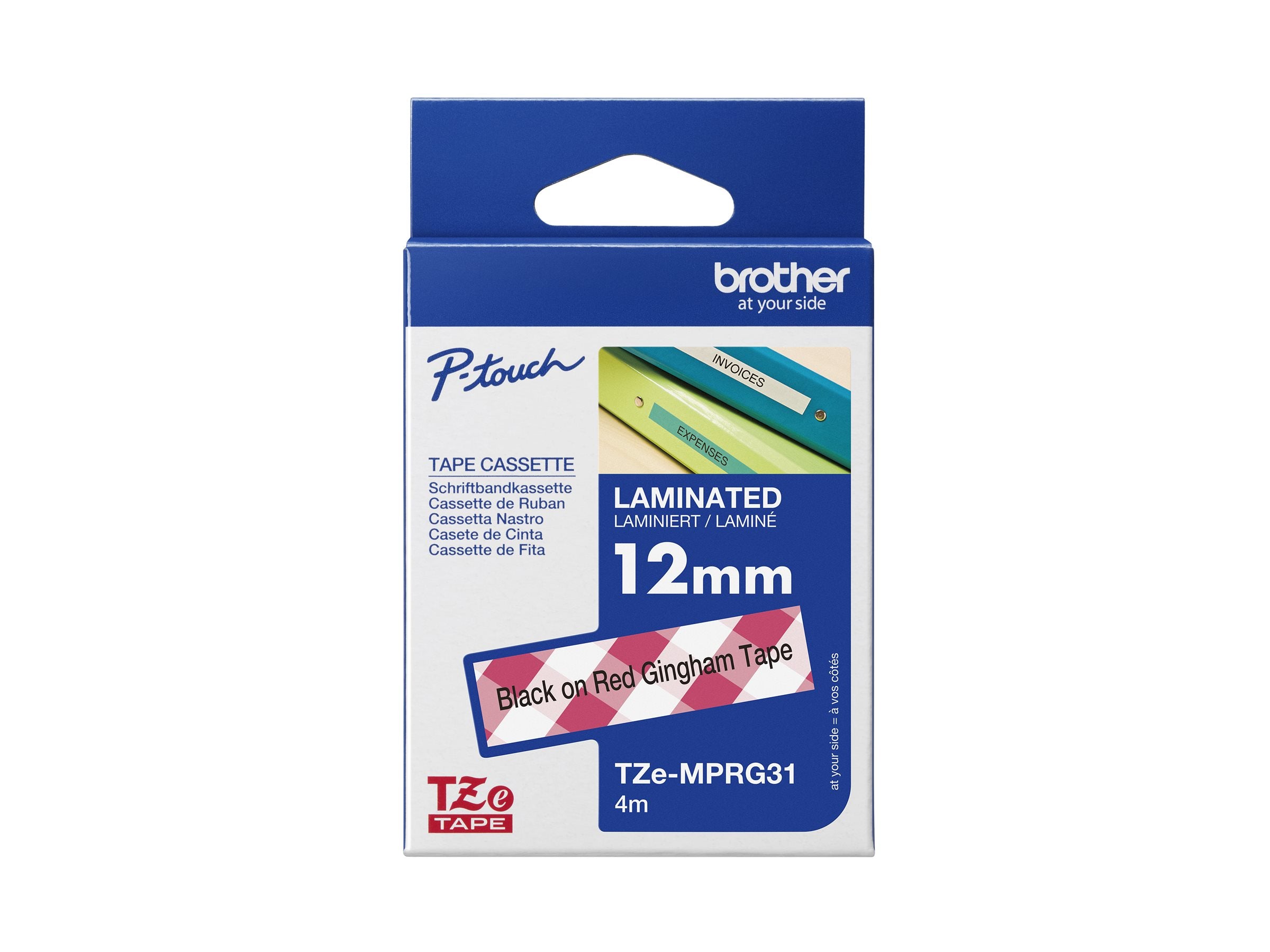 BROTHER Ruban laminé Noir sur Motifs Vichy Rouge 12mm (4m)