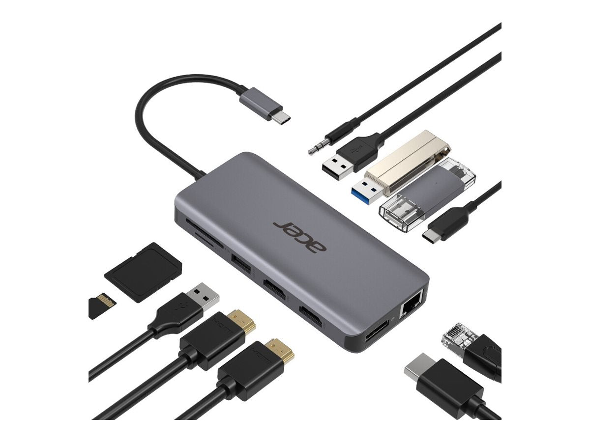 ACER 12-IN-1 TYPE-C DONGLE 2xUSB3.2 2xUSB2.0 2xHDMI DisplayPort Type C PowerDelivery SD Card reader TF Card reader 1000M Ethernet
