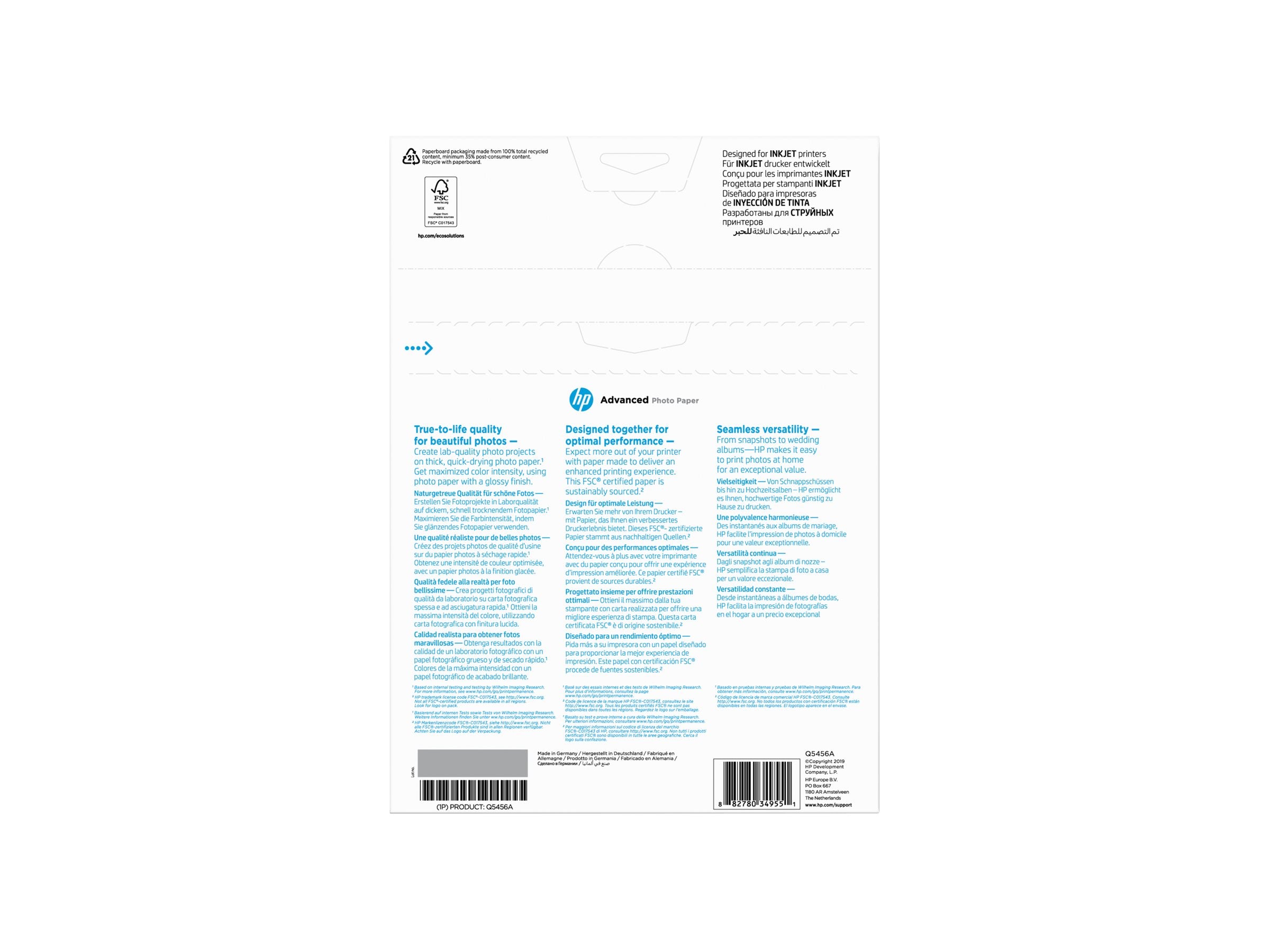 HP original Q5456A Advanced glossy photo paper Ink cartridge 250g/m2 A4 25 sheets 1-pack