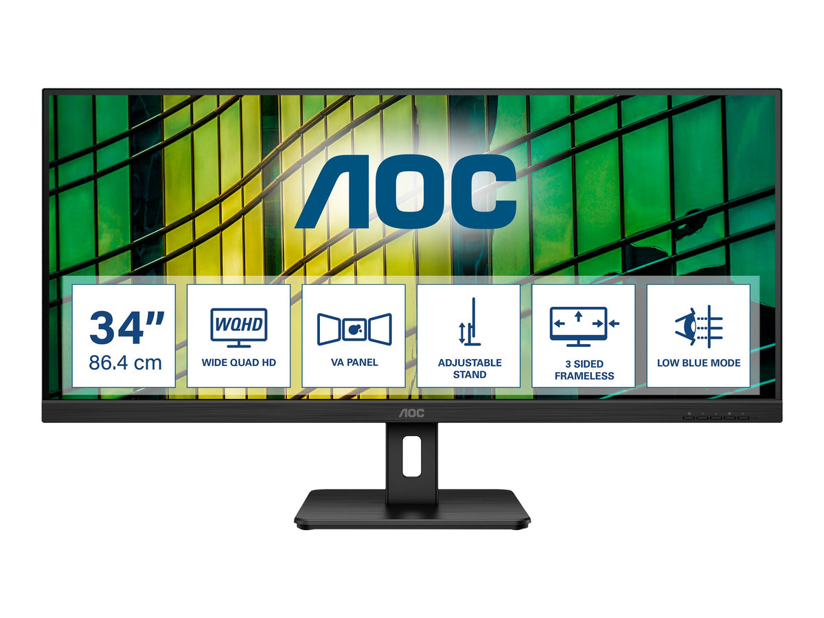 AOC U34E2M Écran LED - 34p - 3440 x 1440 WQHD 100 Hz - VA - 300 cd/m² - 4000:1 - 4 ms - 2xHDMI, DisplayPort - noir
