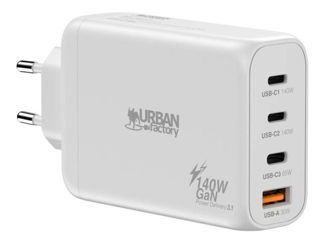 URBAN FACTORY POWEE GAN USB-C 140W Power Supply PD 3.1 With 3 USB-C / 1 USB-A and 2m USB-C to USB-C Cable