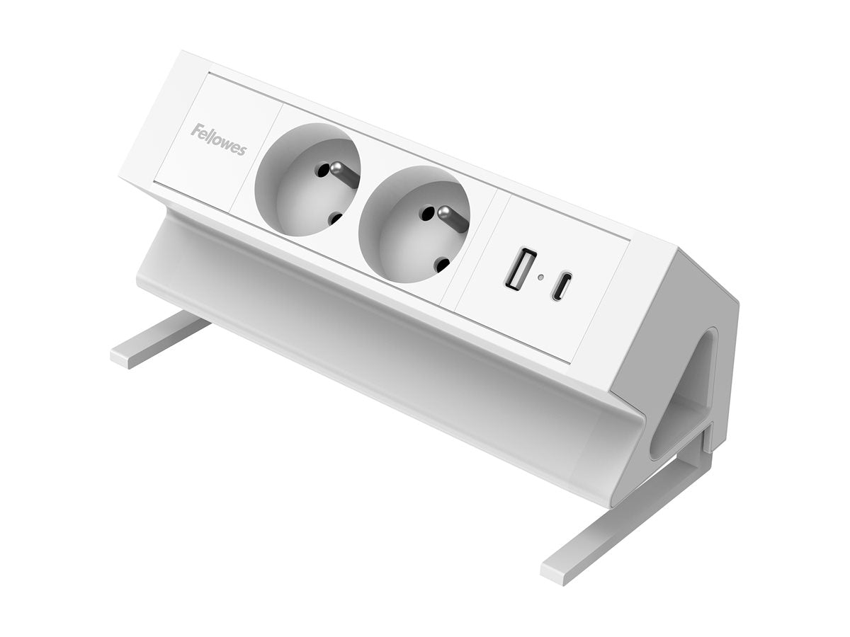 FELLOWES PRISE POUR BUREAU ÉLECTRIQUE TYPE E - BLANC Équipé de 2 x prise de courant 230v 1 x port USB-A 18w max et 1 x port USB-C
