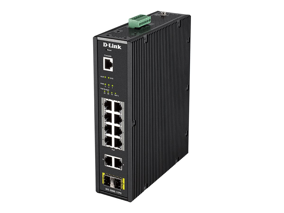 D-LINK 12 Port L2 Industrial Smart Managed Switch with 10 x 1GBaseTX ports 8 PoE 240W and 2 x SFP ports