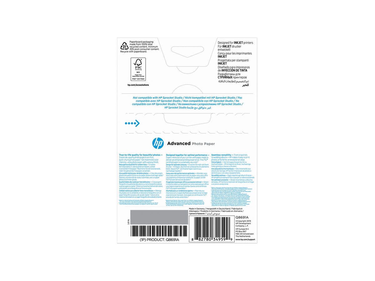 HP original Q8691A Advanced glossy photo paper Ink cartridge 250g/m2 100x150mm 25 sheets 1-pack borderless