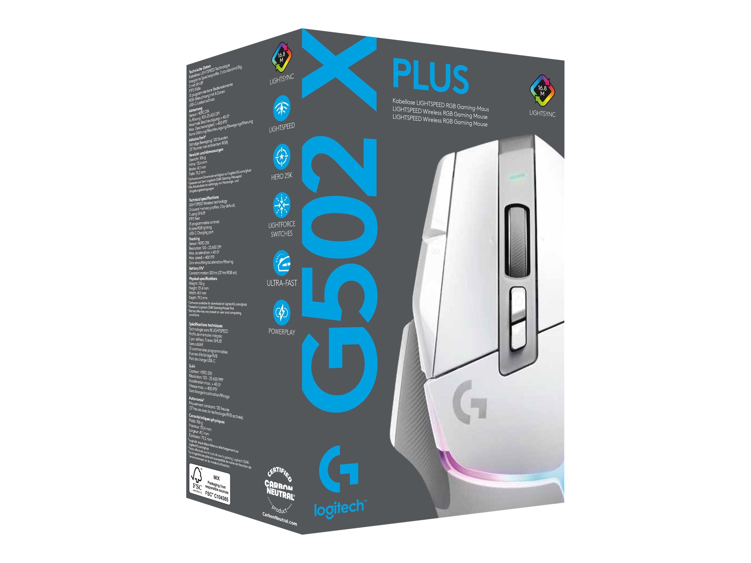 LOGITECH G G502 X PLUS Mouse optical wireless 2.4 GHz USB LOGITECH LIGHTSPEED receiver white