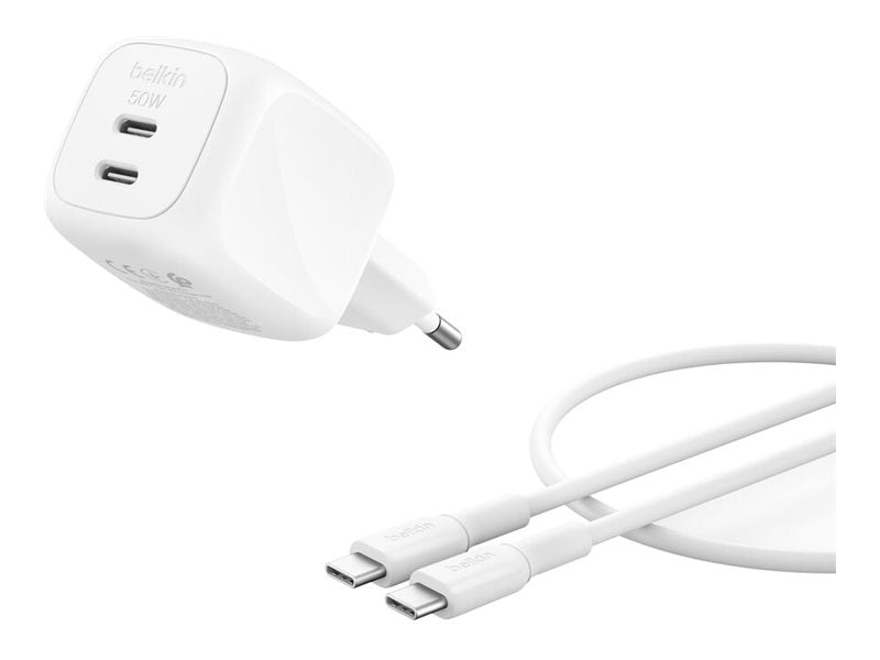 BELKIN BoostCharge 50W Dual USB-C PD Wall Charger with PPS WHT with 1m USB-C-C Cable
