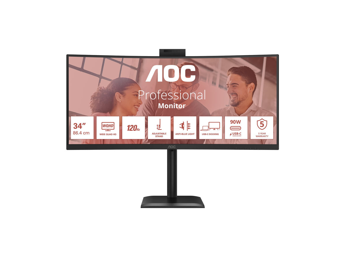 AOC CU34E4CW 34p 3440x1440 120HZ VA CURVED H/A 180 MM USB-C DOCKING TUV EyeComfort Hardware USB HUB DP HDMI