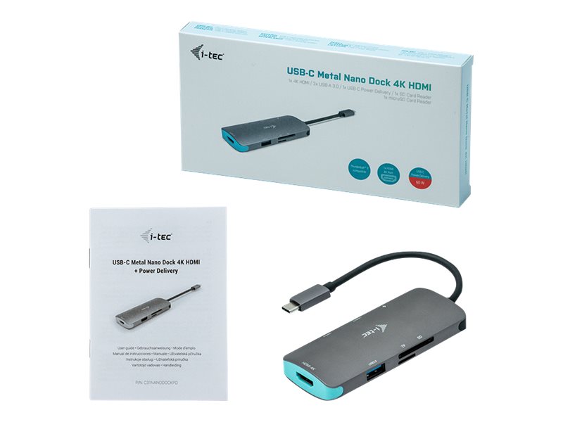 I-TEC USB C Metal Nano Docking Station 1xHDMI 4K 1xSD Cardreader 1xmicroSDCardreader 3xUSB 3.0 Port 1xUSB-C PD sans alimentation