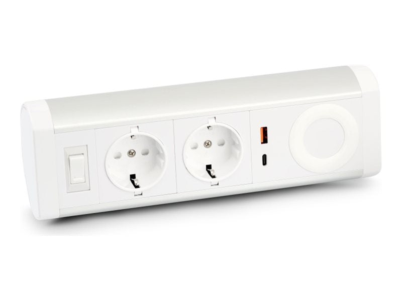 URBAN FACTORY Powee Desk Double Eu Power Socket With 1 USB-A - 1 USB-C 3A and 1 Wireless Charging Point - Silver/White
