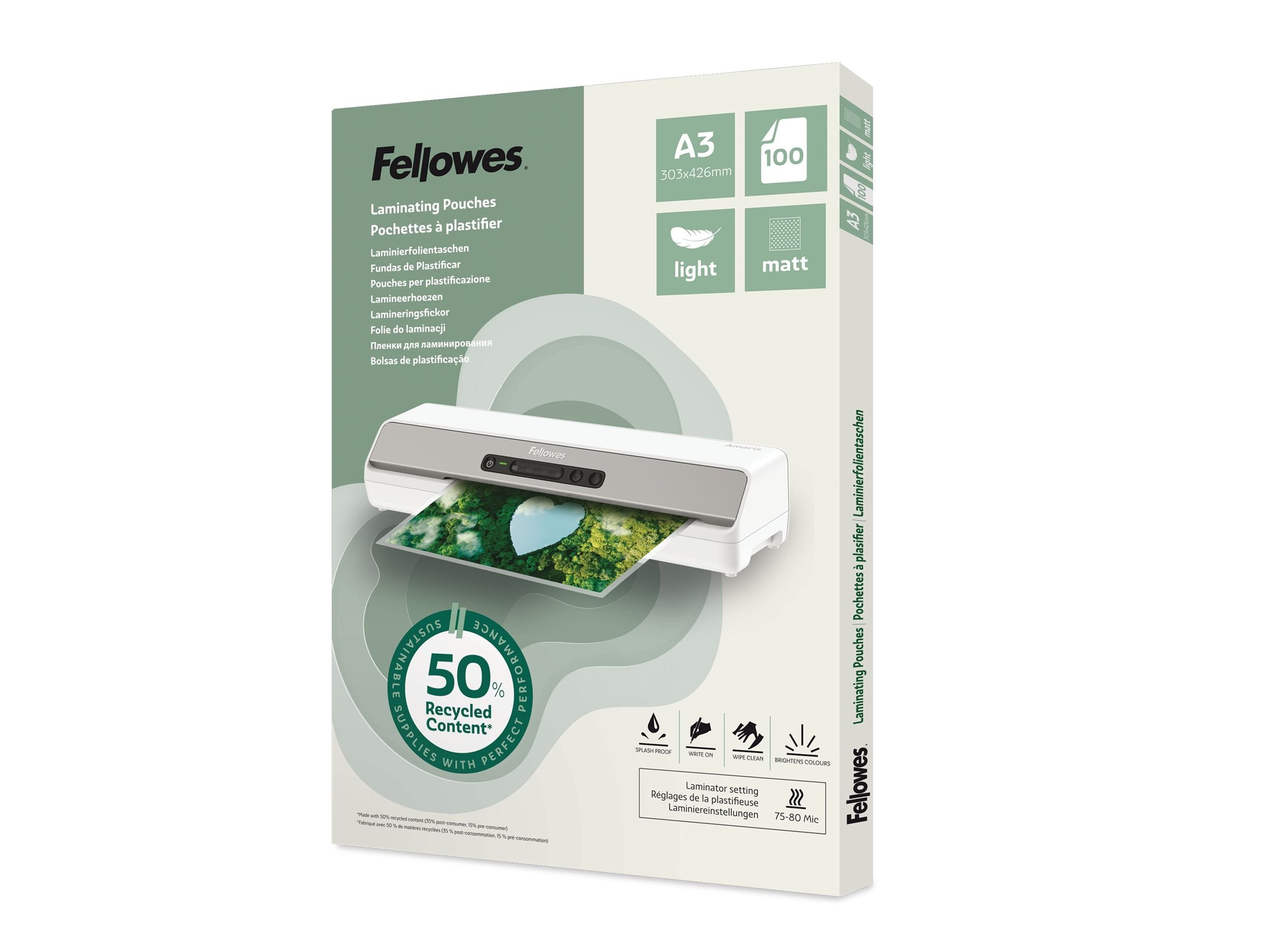 FELLOWES Pochettes de plastification A3 avec 50 pourcentage de contenu recyclé - usage léger mate lot de 100