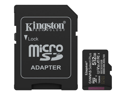 KINGSTON Canvas Select Plus Carte mémoire microSDXC 512Go Gen3 150MB/s A1 Adaptateur Inclus